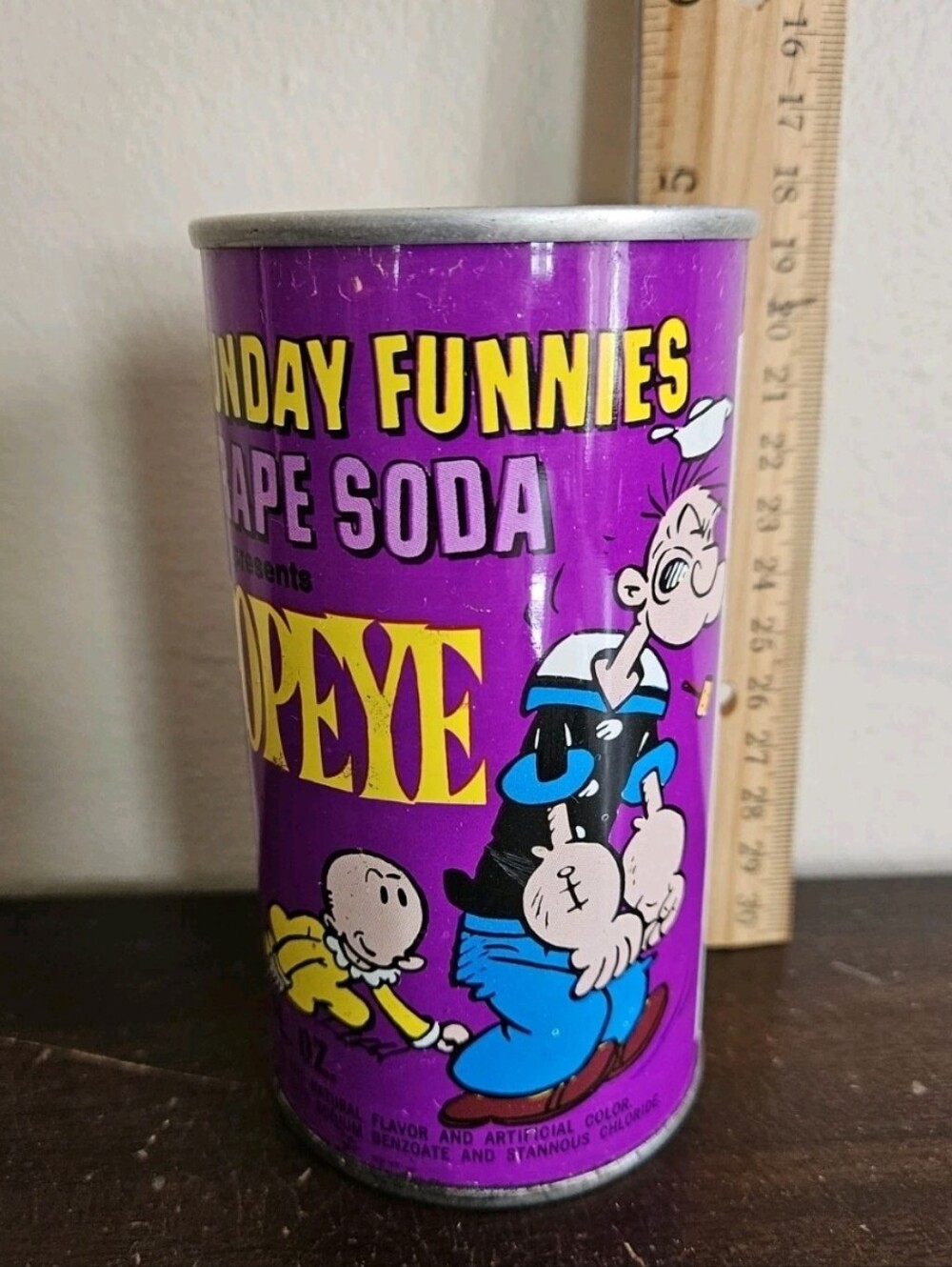 Vintage 1969 Sunday Funnies Popeye Grape Pop Soda Can Comic